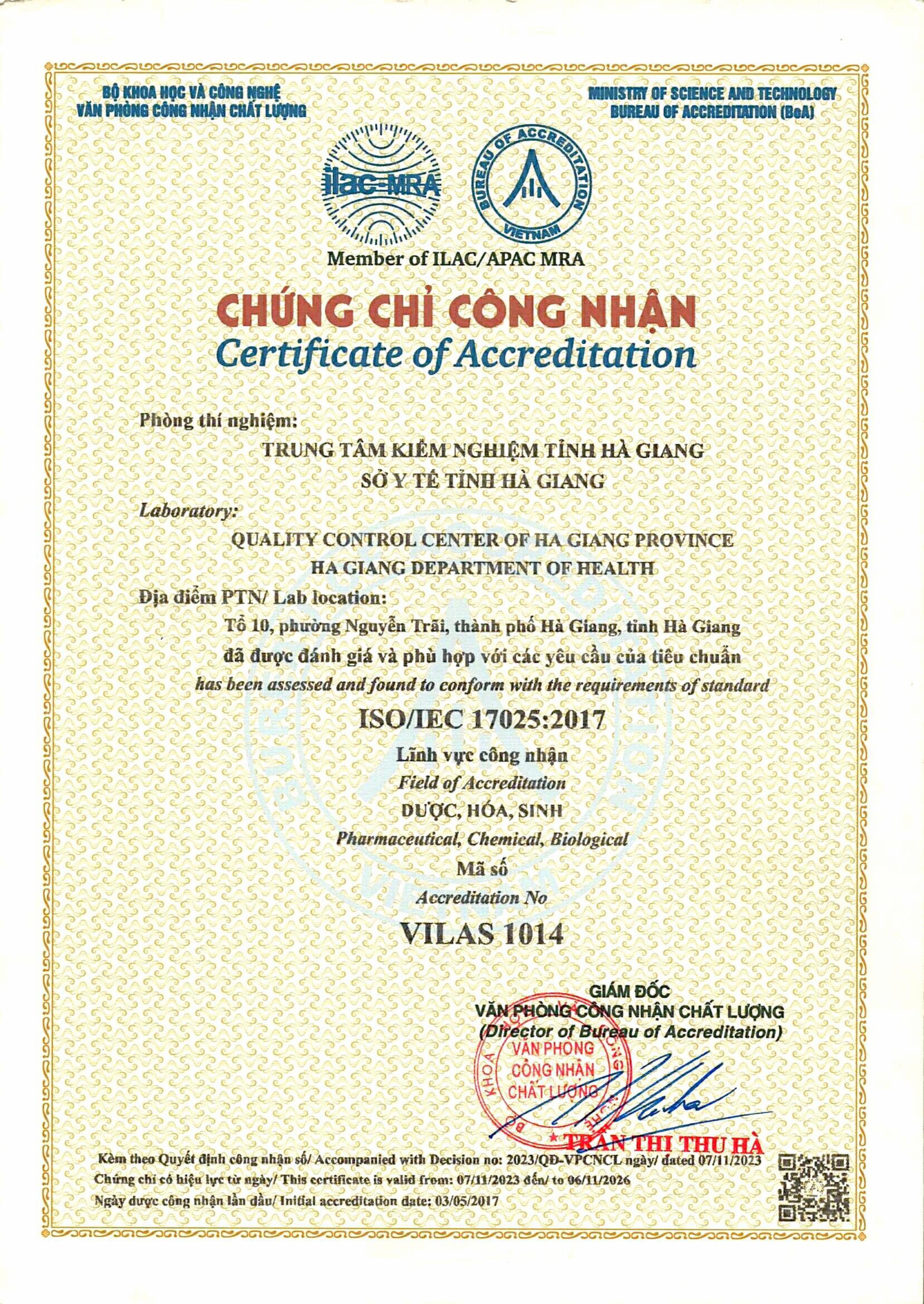 Trung Tâm Kiểm Nghiệm Tỉnh Hà Giang | Chứng chỉ CC_ISO_0001